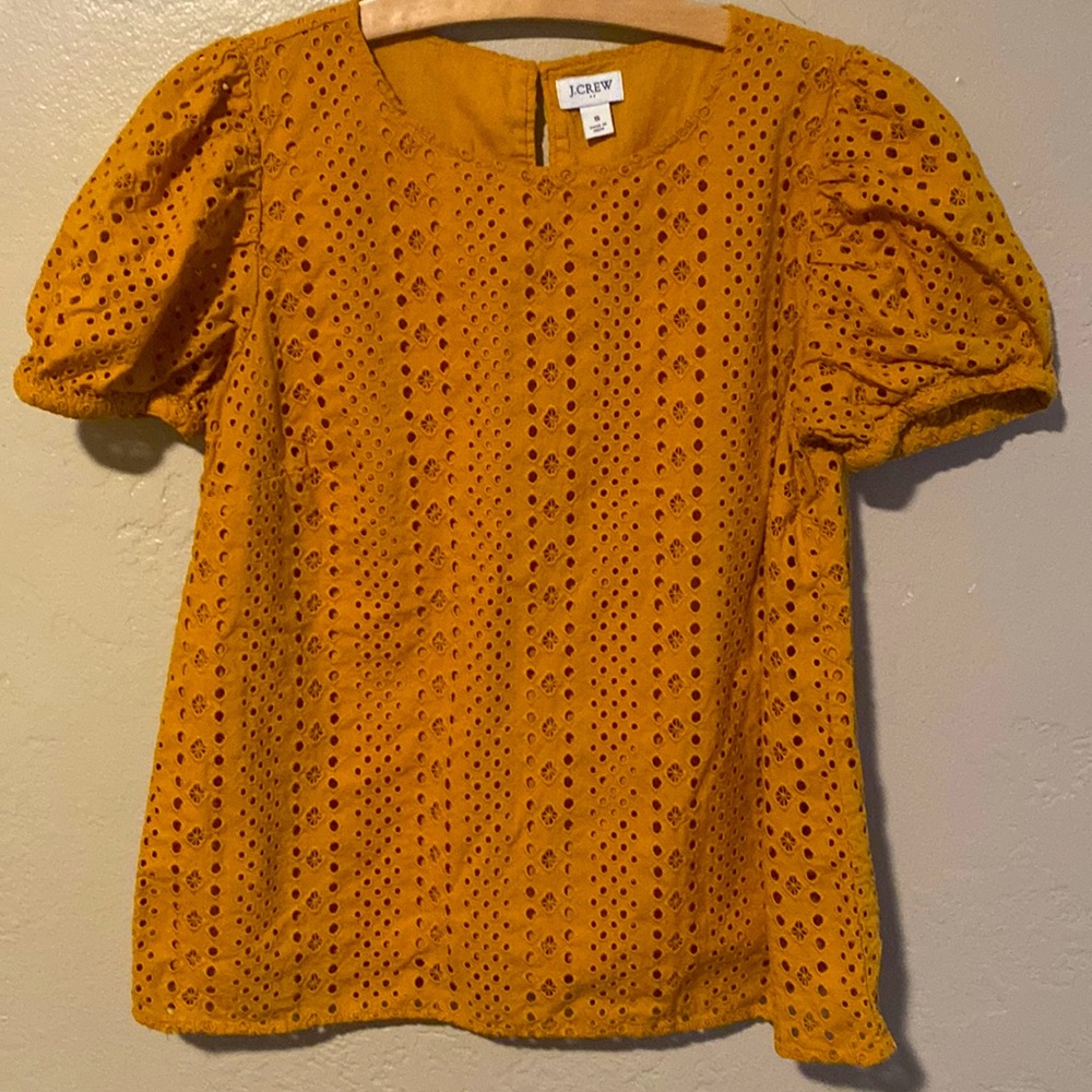 J. Crew Women’s Bronzed Eyelit Puff Short Sleeve Mustard Yellow Orange Top Sz S
